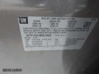 2011 GMC Terrain SLE-2 with VIN 2CTFLSE54B6310524, listed as a IAAI auction lot 41215197 with 209,043 mi miles. Bid and sale history available at carsss.com. Image 9.