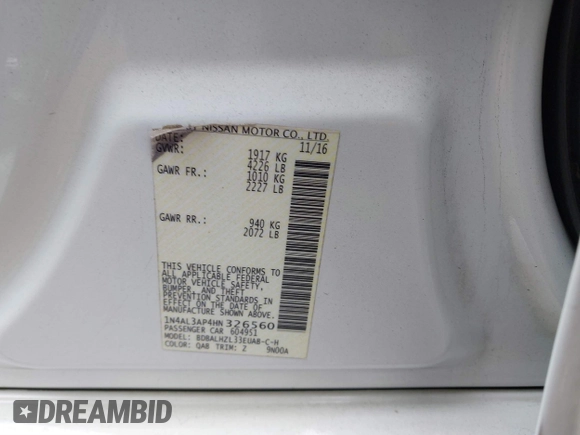 2017 Nissan Altima SR with VIN 1N4AL3AP4HN326560, listed as a IAAI auction lot 41349728 with 153,960 mi miles and . Bid and sale history available at carsss.com. Image 9.