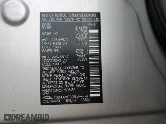 2017 Nissan Rogue SV с VIN KNMAT2MV2HP598169, выставлен на аукционе Copart как лот 58784245 с пробегом 105 143 миль миль и Списание • Salvage title. История ставок и продаж доступна на DreamBid. Изображение 14.