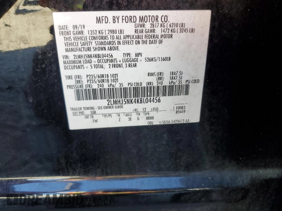 2019 Lincoln MKT with VIN 2LMHJ5NK4KBL04456, listed as a Copart auction lot 74604894 with 106,918 mi miles and Salvage Title. Bid and sale history available at DreamBid. Image 13.