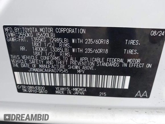 2024 Toyota bZ4X XLE z VIN JTMABACA6RA079545, wystawiony jako IAAI lot #42013641 z przebiegiem 1 550 mil mil oraz . Historia ofert i sprzedaży dostępna na DreamBid. Obrazek 9.