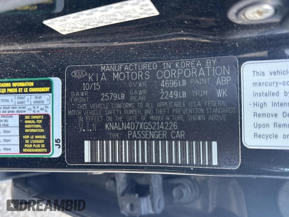 2016 Kia Cadenza Premium with VIN KNALN4D7XG5214226, listed as a Copart auction lot 74809724 with 123,481 mi miles and Salvage Title. Bid and sale history available at carsss.com. Image 10.
