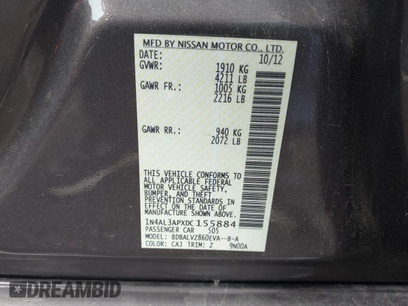 2013 Nissan Altima SV with VIN 1N4AL3APXDC155884, listed as a IAAI auction lot 42181452 with 106,846 mi miles and . Bid and sale history available at carsss.com. Image 9.