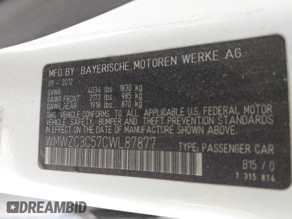 2012 MINI Countryman S with VIN WMWZC3C57CWL87877, listed as a IAAI auction lot 41909121 with Not provided miles and . Bid and sale history available at DreamBid. Image 9.