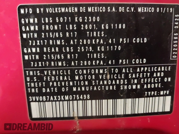 2019 Volkswagen Tiguan S z VIN 3VV0B7AX3KM075498, wystawiony jako IAAI lot #41501778 z przebiegiem 143 262 mil mil oraz . Historia ofert i sprzedaży dostępna na DreamBid. Obrazek 9.