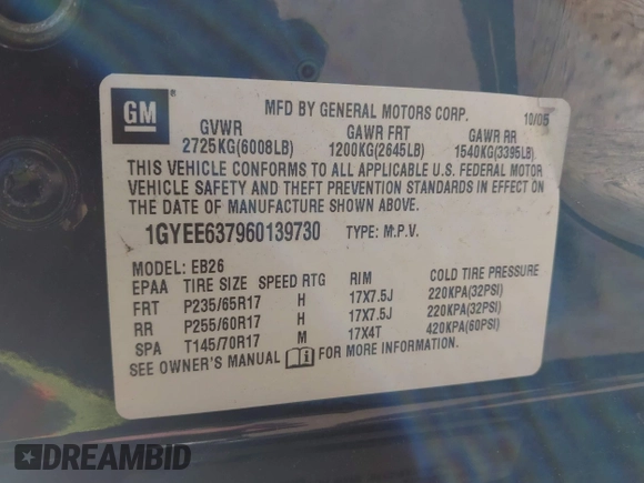 2006 Cadillac SRX z VIN 1GYEE637960139730, wystawiony jako IAAI lot #42086748 z przebiegiem 232 645 mil mil oraz . Historia ofert i sprzedaży dostępna na DreamBid. Obrazek 9.