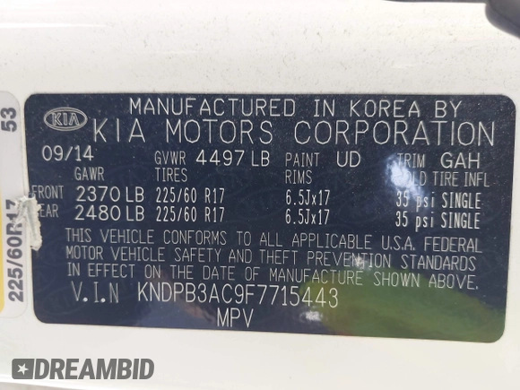 2015 Kia Sportage LX with VIN KNDPB3AC9F7715443, listed as a IAAI auction lot 42183933 with 115,211 mi miles and . Bid and sale history available at carsss.com. Image 9.