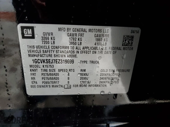2014 Chevrolet Silverado 1500 LTZ with VIN 1GCVKSEJ7EZ319699, listed as a Copart auction lot 66067564 with 44,786 mi miles and Salvage Title. Bid and sale history available at DreamBid. Image 12.