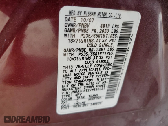 2007 Nissan Murano S z VIN JN8AZ08T27W530331, wystawiony jako Copart lot #74589784 z przebiegiem 135 166 mil mil oraz Szkoda całkowita • Salvage title. Historia ofert i sprzedaży dostępna na DreamBid. Obrazek 13.