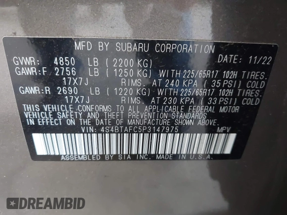 2023 Subaru Outback Premium с VIN 4S4BTAFC5P3147975, выставлен на аукционе IAAI как лот 42589191 с пробегом 32 939 миль миль и . История ставок и продаж доступна на DreamBid. Изображение 9.