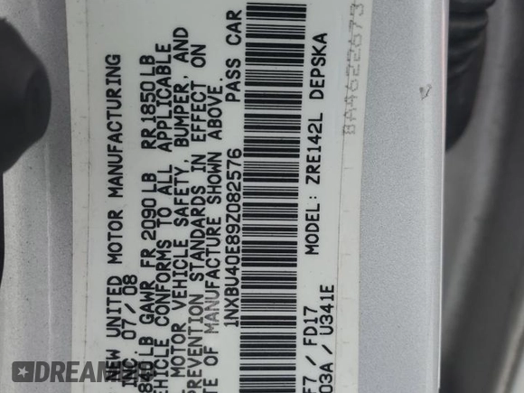 2009 Toyota Corolla with VIN 1NXBU40E89Z082576, listed as a Copart auction lot 50599915 with 208,305 mi miles and Salvage Title. Bid and sale history available at carsss.com. Image 14.
