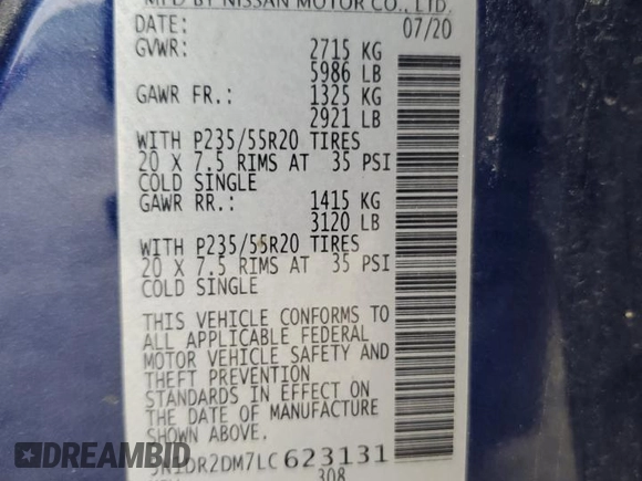 2020 Nissan Pathfinder Platinum with VIN 5N1DR2DM7LC623131, listed as a Copart auction lot 52731565 with 75,779 mi miles and Salvage title. Bid and sale history available at DreamBid. Image 13.