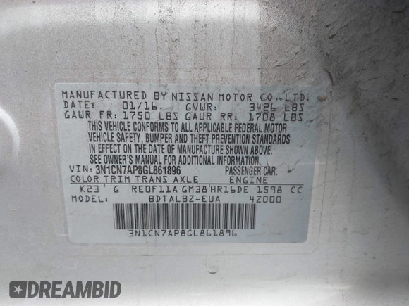 2016 Nissan Versa S Plus with VIN 3N1CN7AP8GL861896, listed as a IAAI auction lot 42190344 with 64,254 mi miles and . Bid and sale history available at DreamBid. Image 9.