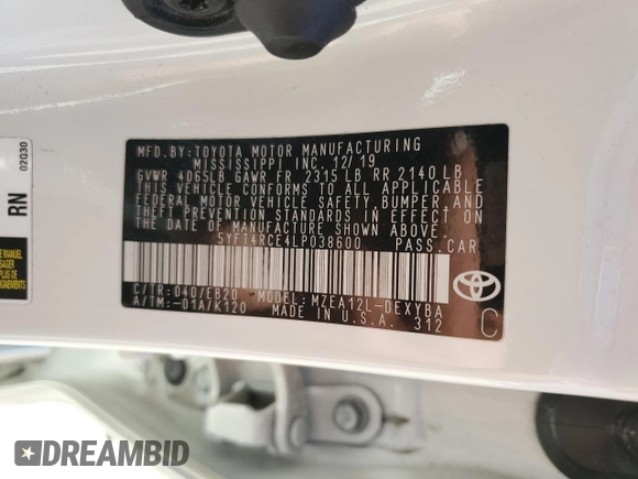 2020 Toyota Corolla XSE with VIN 5YFT4RCE4LP038600, listed as a Copart auction lot 49661495 with 0 mi miles and Salvage Title. Bid and sale history available at carsss.com. Image 13.
