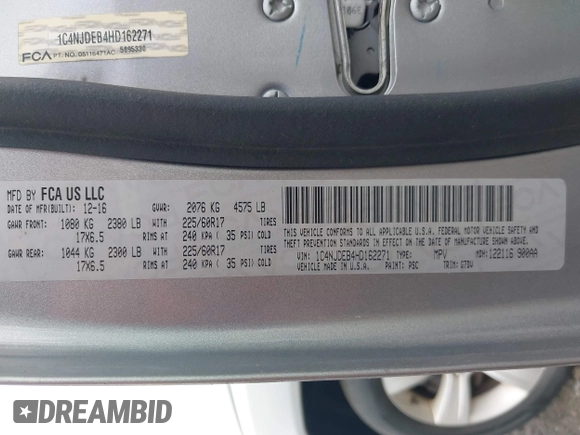 2017 Jeep Compass High Altitude with VIN 1C4NJDEB4HD162271, listed as a IAAI auction lot 42468313 with 132,459 mi miles and . Bid and sale history available at DreamBid. Image 9.