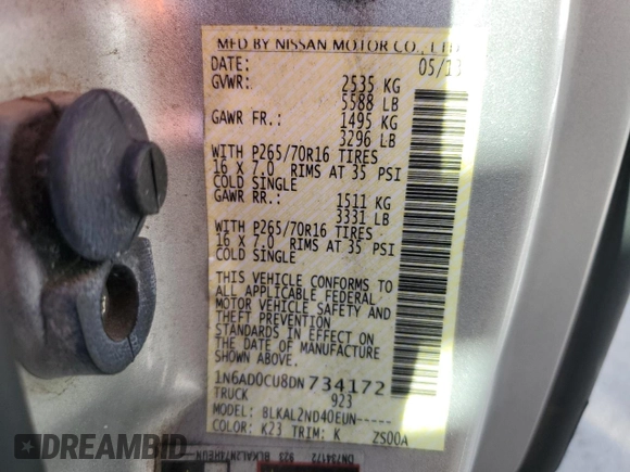 2013 Nissan Frontier SV with VIN 1N6AD0CU8DN734172, listed as a Copart auction lot 46706345 with 89,373 mi miles and Salvage title. Bid and sale history available at DreamBid. Image 12.