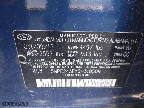 2016 Hyundai Sonata 2.4L SE with VIN 5NPE24AFXGH319509, listed as a IAAI auction lot 42073445 with 141,378 mi miles. Bid and sale history available at carsss.com. Image 9.
