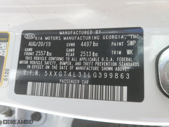 2020 Kia Optima LX with VIN 5XXGT4L31LG399863, listed as a Copart auction lot 49998205 with 80,043 mi miles and Salvage Title. Bid and sale history available at carsss.com. Image 13.