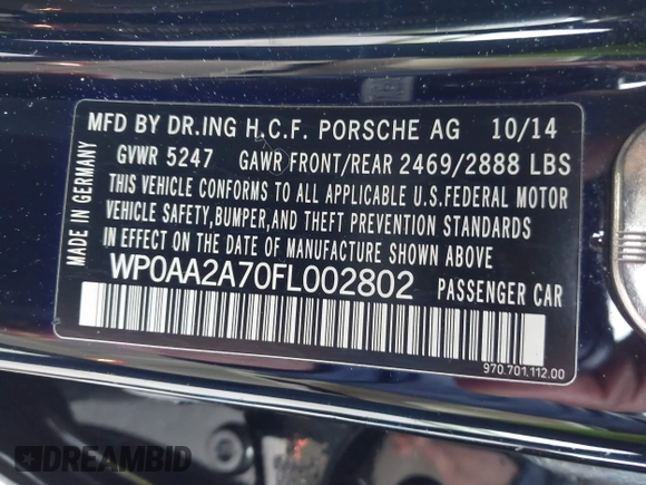 2015 Porsche Panamera 4 с VIN WP0AA2A70FL002802, выставлен на аукционе IAAI как лот 41303802 с пробегом 58 496 миль миль и . История ставок и продаж доступна на DreamBid. Изображение 9.