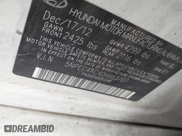 2013 Hyundai Sonata Limited with VIN 5NPEC4AC4DH663707, listed as a IAAI auction lot 41922352 with 165,101 mi miles and . Bid and sale history available at DreamBid. Image 9.