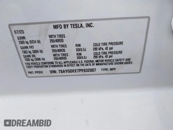 2023 Tesla Model Y Long Range with VIN 7SAYGDEE7PF832007, listed as a IAAI auction lot 41751598 with 14,126 mi miles and . Bid and sale history available at DreamBid. Image 9.