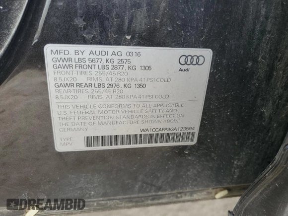 2016 Audi SQ5 Premium Plus with VIN WA1CCAFP3GA123594, listed as a Copart auction lot 57435495 with 149,996 mi miles and Salvage title. Bid and sale history available at DreamBid. Image 13.