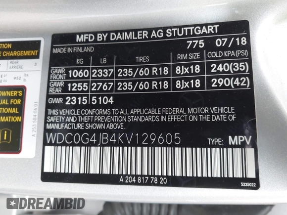 2019 Mercedes-Benz GLC 300 with VIN WDC0G4JB4KV129605, listed as a IAAI auction lot 42207132 with 39,743 mi miles and . Bid and sale history available at DreamBid. Image 9.