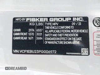 2023 Fisker Ocean Extreme с VIN VCF1EBU23PG006972, выставлен на аукционе IAAI как лот 42236647 с пробегом Не указан миль и . История ставок и продаж доступна на DreamBid. Изображение 9.