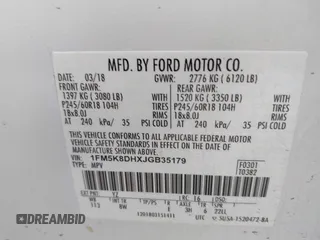 2018 Ford Explorer XLT with VIN 1FM5K8DHXJGB35179, listed as a IAAI auction lot 41469559 with 118,868 mi miles and . Bid and sale history available at DreamBid. Image 9.