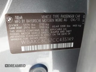 2012 BMW 7 Series 750Li xDrive с VIN WBAKC8C57CC435149, выставлен на аукционе IAAI как лот 42547400 с пробегом 125 127 миль миль и . История ставок и продаж доступна на DreamBid. Изображение 9.