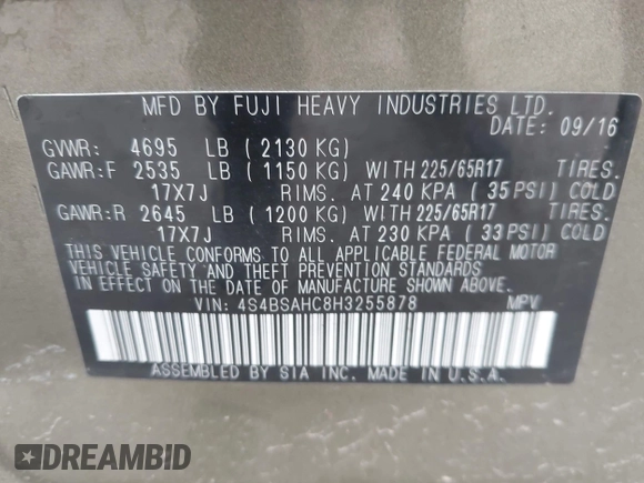 2017 Subaru Outback Premium z VIN 4S4BSAHC8H3255878, wystawiony jako IAAI lot #42536281 z przebiegiem 170 452 mil mil oraz . Historia ofert i sprzedaży dostępna na DreamBid. Obrazek 9.