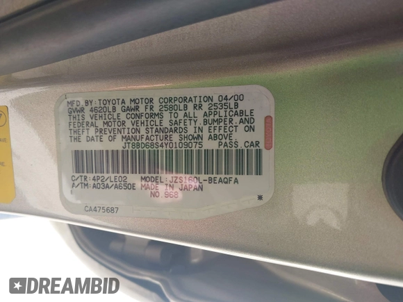 2000 Lexus GS 300 with VIN JT8BD68S4Y0109075, listed as a IAAI auction lot 42140696 with 179,122 mi miles and . Bid and sale history available at DreamBid. Image 9.