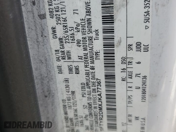 2018 Ford Transit с VIN 1FTYR2DMXJKA77367, выставлен на аукционе Copart как лот 61087535 с пробегом 114 467 миль миль и Чистый • Clean title. История ставок и продаж доступна на DreamBid. Изображение 13.
