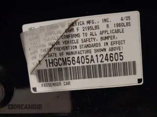 2005 Honda Accord LX z VIN 1HGCM56405A124605, wystawiony jako IAAI lot #41291090 z przebiegiem 206 762 mil mil oraz . Historia ofert i sprzedaży dostępna na DreamBid. Obrazek 9.