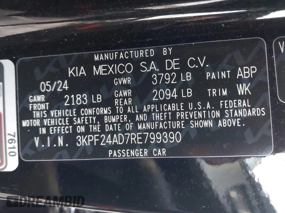 2024 Kia Forte LXS z VIN 3KPF24AD7RE799390, wystawiony jako IAAI lot #41856786 z przebiegiem 24 804 mil mil oraz . Historia ofert i sprzedaży dostępna na DreamBid. Obrazek 9.