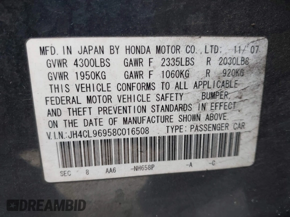 2008 Acura TSX Nav with VIN JH4CL96958C016508, listed as a IAAI auction lot 41764308 with 187,923 mi miles and . Bid and sale history available at DreamBid. Image 9.
