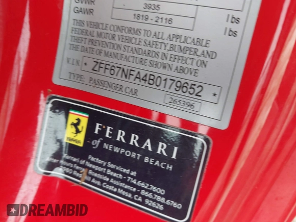 2011 Ferrari 458 Italia z VIN ZFF67NFA4B0179652, wystawiony jako IAAI lot #40499917 z przebiegiem Nie podano mil oraz . Historia ofert i sprzedaży dostępna na DreamBid. Obrazek 9.