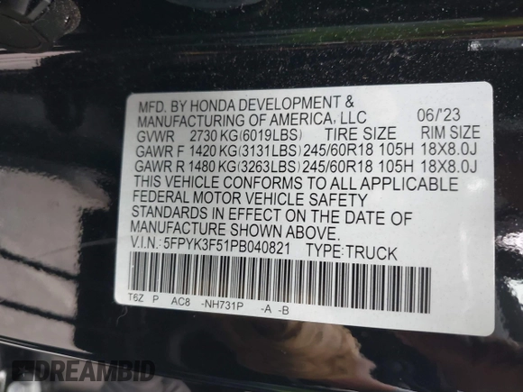 2023 Honda Ridgeline RTL с VIN 5FPYK3F51PB040821, выставлен на аукционе IAAI как лот 42408326 с пробегом 15 428 миль миль и . История ставок и продаж доступна на DreamBid. Изображение 9.