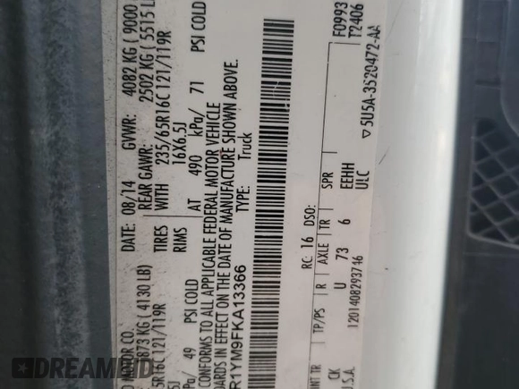 2015 Ford Transit Cargo с VIN 1FTNR1YM9FKA13366, выставлен на аукционе Copart как лот 57946755 с пробегом 129 500 миль миль и Списание • Salvage title. История ставок и продаж доступна на DreamBid. Изображение 13.