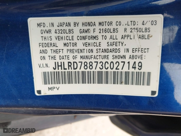 2003 Honda CR-V EX with VIN JHLRD78873C027149, listed as a IAAI auction lot 41853601 with 288,423 mi miles. Bid and sale history available at carsss.com. Image 9.