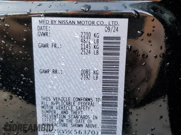 2025 Nissan LEAF SV Plus with VIN 1N4CZ1CV5SC563701, listed as a Copart auction lot 46543415 with 956 mi miles and Salvage Title. Bid and sale history available at carsss.com. Image 13.
