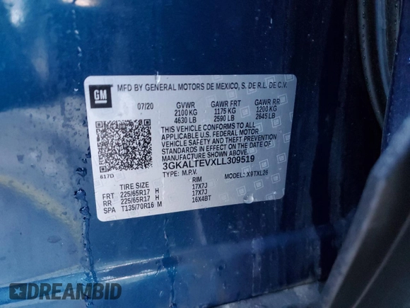 2020 GMC Terrain SLE with VIN 3GKALTEVXLL309519, listed as a Copart auction lot 45784245 with 13,841 mi miles and Salvage Title. Bid and sale history available at DreamBid. Image 13.