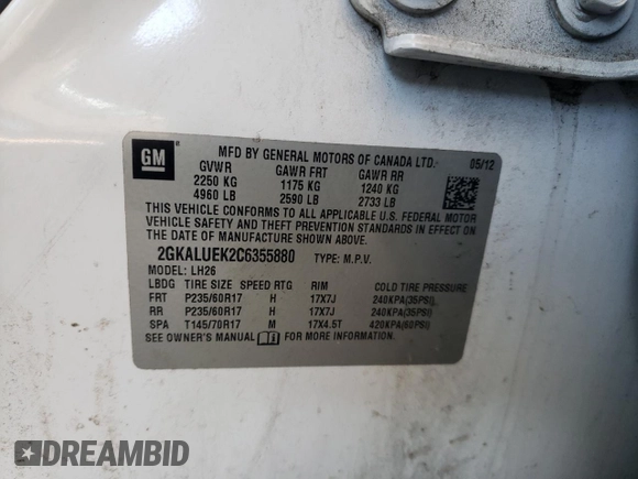 2012 GMC Terrain SLT-1 z VIN 2GKALUEK2C6355880, wystawiony jako Copart lot #87949005 z przebiegiem 203 390 mil mil oraz Szkoda całkowita • Salvage title. Historia ofert i sprzedaży dostępna na DreamBid. Obrazek 14.