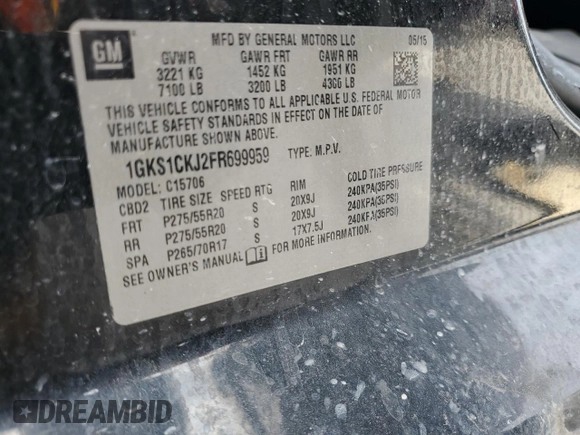 2015 GMC Yukon Denali with VIN 1GKS1CKJ2FR699959, listed as a Copart auction lot 42035195 with 0 mi miles and Salvage Title. Bid and sale history available at carsss.com. Image 15.