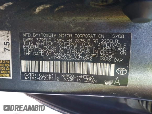 2009 Toyota Prius with VIN JTDKB20U593523852, listed as a IAAI auction lot 42138402 with Not Provided miles. Bid and sale history available at carsss.com. Image 9.