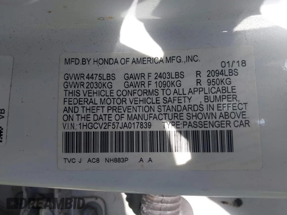 2018 Honda Accord EX-L with VIN 1HGCV2F57JA017839, listed as a IAAI auction lot 41281323 with 83,986 mi miles and . Bid and sale history available at DreamBid. Image 9.