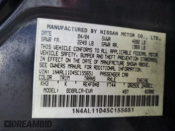 2005 Nissan Altima 2.5 with VIN 1N4AL11D45C155651, listed as a Copart auction lot 56910945 with 115,877 mi miles and Salvage title. Bid and sale history available at DreamBid. Image 12.