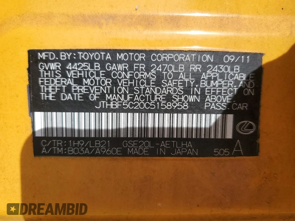 2012 Lexus IS 250 with VIN JTHBF5C20C5158958, listed as a Copart auction lot 60588455 with 145,085 mi miles and Salvage title. Bid and sale history available at DreamBid. Image 12.