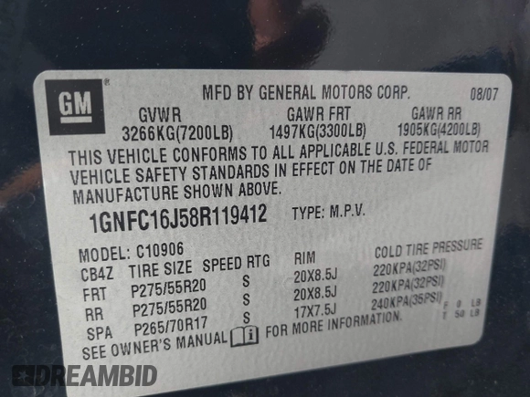 2008 Chevrolet Suburban LTZ z VIN 1GNFC16J58R119412, wystawiony jako IAAI lot #42282221 z przebiegiem 356 160 mil mil oraz . Historia ofert i sprzedaży dostępna na DreamBid. Obrazek 9.