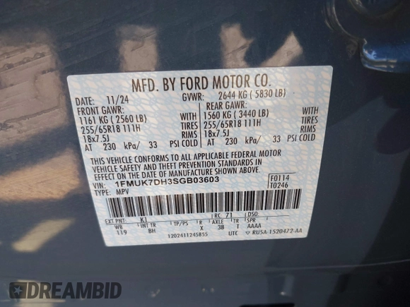 2025 Ford Explorer Active with VIN 1FMUK7DH3SGB03603, listed as a IAAI auction lot 41991711 with 2,071 mi miles and . Bid and sale history available at DreamBid. Image 9.